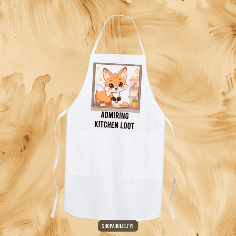 Funny Apron: A fox with wide, enchanted eyes stares at a window full of delectable goodies, bringing humorous charm to the kitchen.