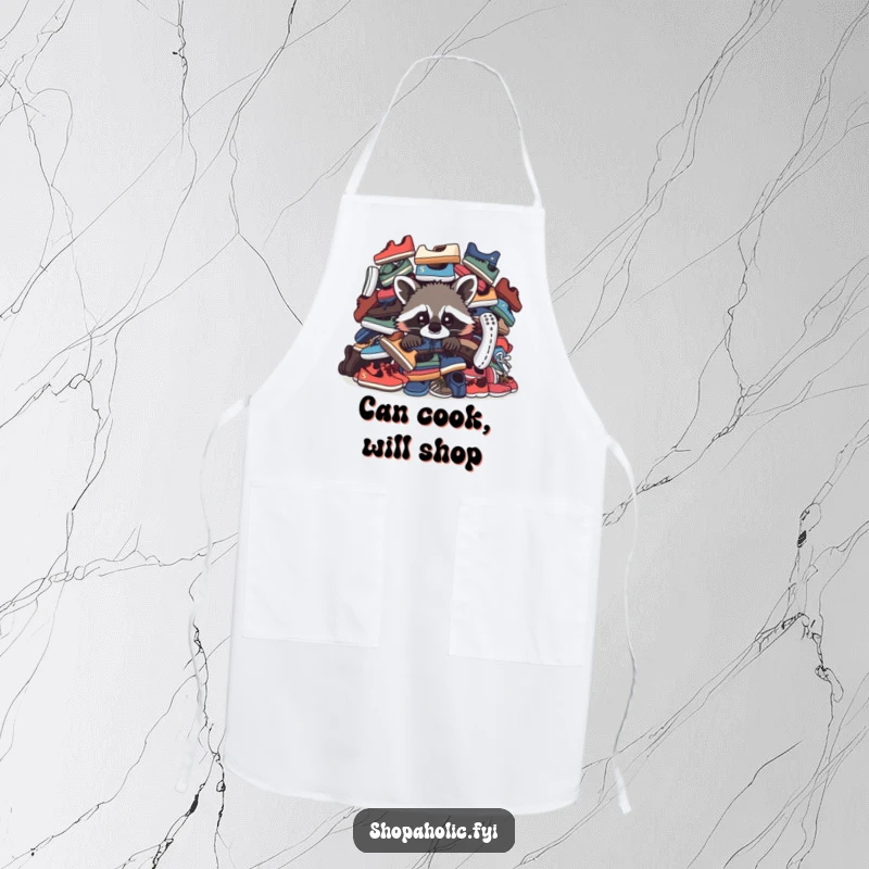 Funny Raccoon Apron: A curious raccoon peeks from behind a pile of shoes while you cook, adding humor to the kitchen.