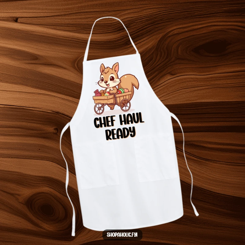 Funny apron with a determined squirrel character pulling a tiny cart of goods, ready for humorous kitchen tasks.
