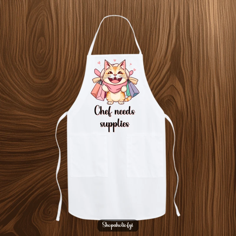 Funny cat apron featuring a cat with a huge grin, overloaded with shopping bags, perfect for shoppers and those who love feline antics.