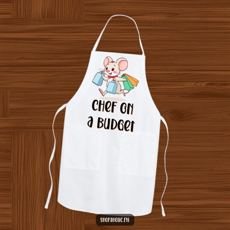 Funny apron with a cheerful mouse skipping with shopping bags, suitable for cooking and kitchen activities.