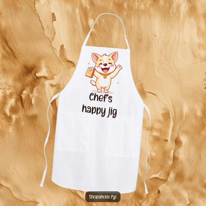 Funny dog apron depicting a joyful dog doing a happy dance with a new purchase, ready for kitchen fun.