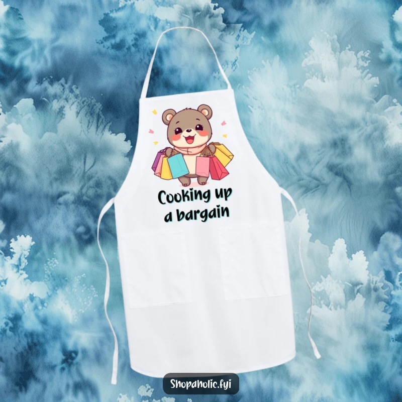 Funny Bear Apron: Enthusiastic shopper bear with a wide grin, holding many shopping bags, perfect for a fun kitchen.