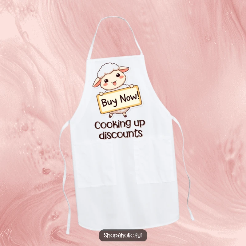 Funny sheep apron featuring a beaming sheep holding a large 'Buy Now!' sign, ideal for enthusiastic cooks.