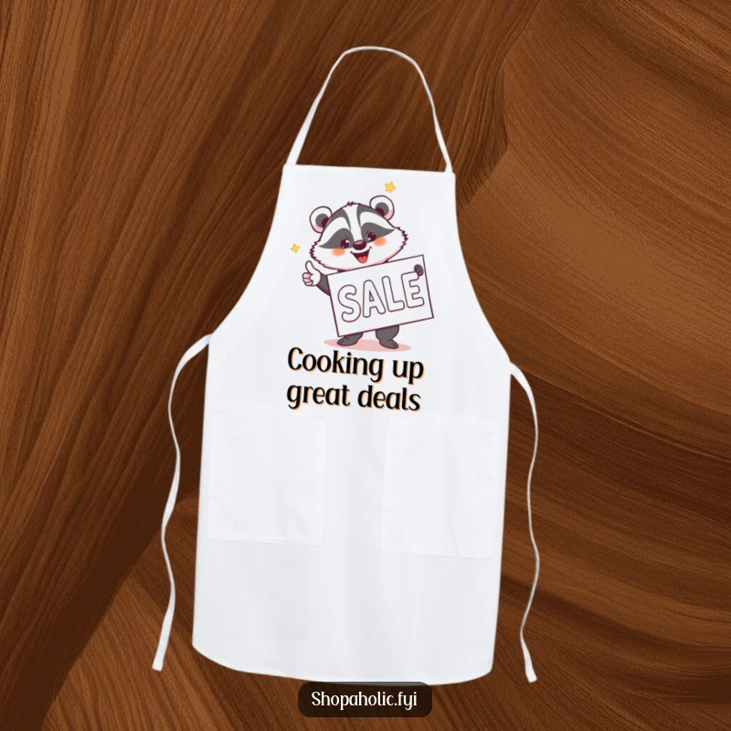 Funny Badger Sale Hunter Apron - Humorous apron depicting a jovial badger pointing at a giant sale banner, perfect for cooks and shoppers.