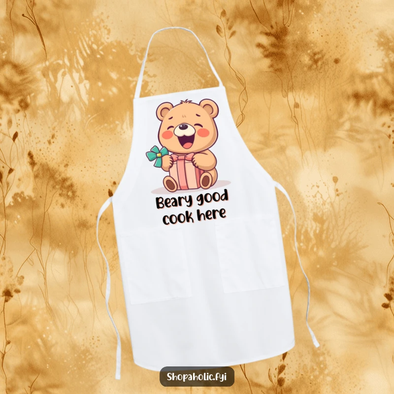 Funny Bear Apron: A gleeful bear opens a wrapped gift with a huge smile on this funny apron, perfect for the kitchen.