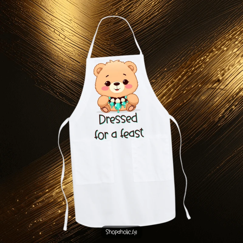 Funny Bear Fashion Apron - Humorous apron depicting a fluffy bear joyfully trying on a dazzling necklace, perfect for stylish cooks.