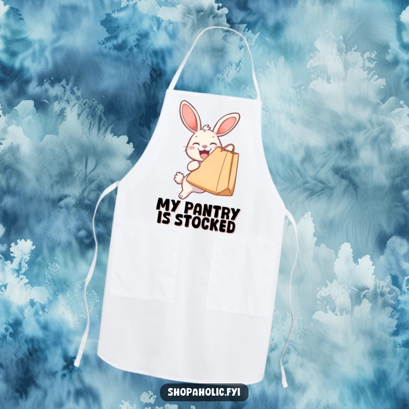 Funny apron featuring a happy bunny with a giant shopping bag, bringing humor and charm to cooking and baking tasks.