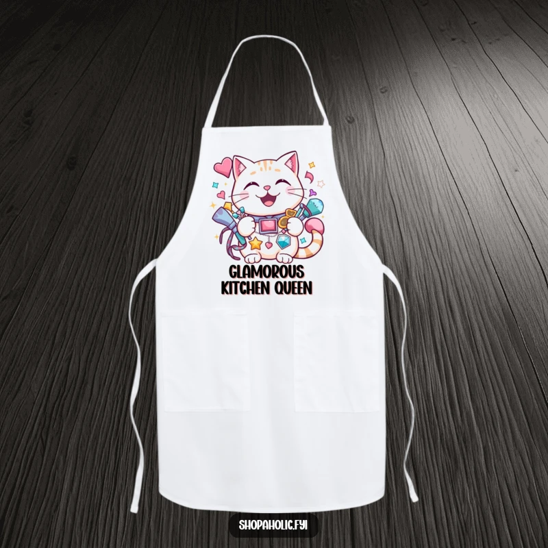 Funny cat apron featuring a cheerful cat grinning while holding a vast amount of sparkly accessories, protecting clothes.