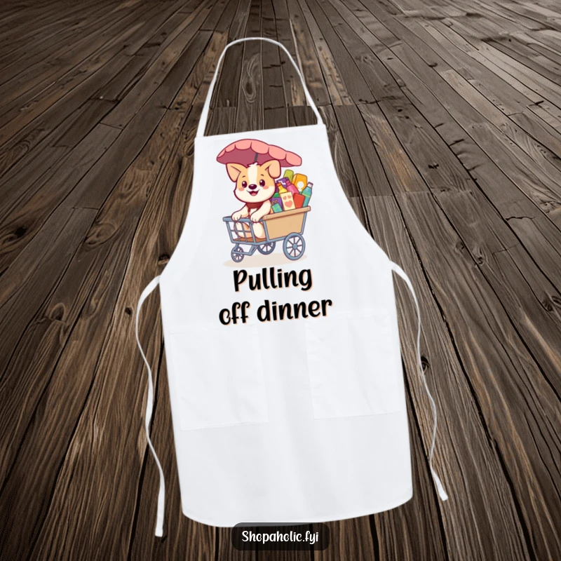 Funny Dog Apron: A smiling dog pulling a merchandise cart, protecting clothing with humor and shopping joy, a great gift.