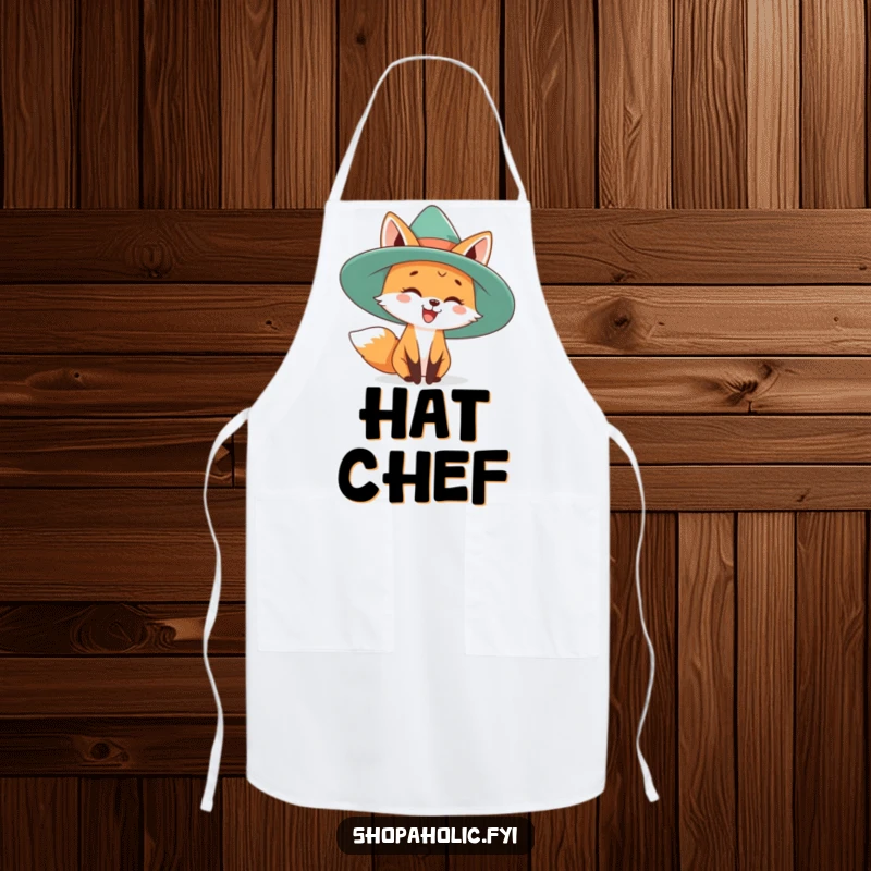 Funny apron with a happy fox playfully trying on a spectacularly large hat. Stylish and humorous for the kitchen.
