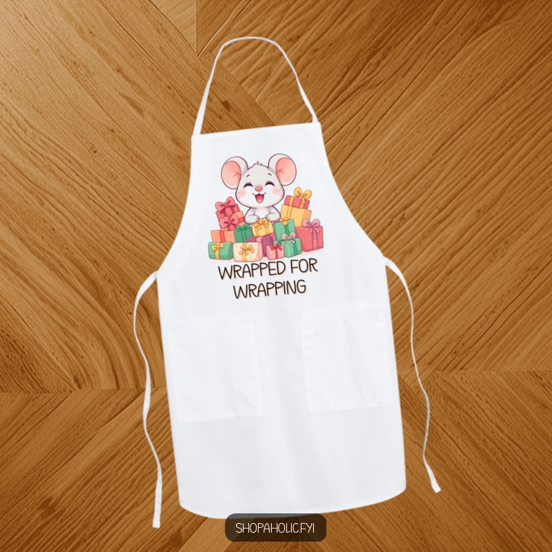Funny kitchen apron featuring a cheerful mouse character joyfully sitting beside a large pile of wrapped gift boxes, ready for festive cooking.