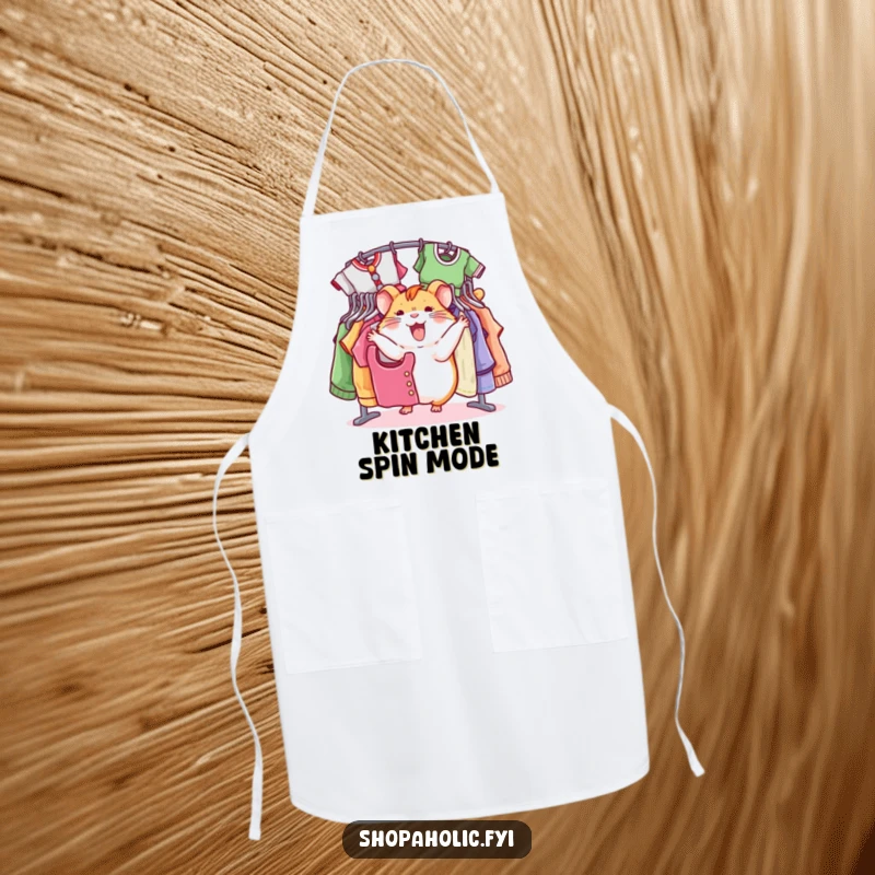 Funny hamster apron, joyfully spinning around a rack of colorful clothes, ideal for cooking with a touch of fun, a gift.