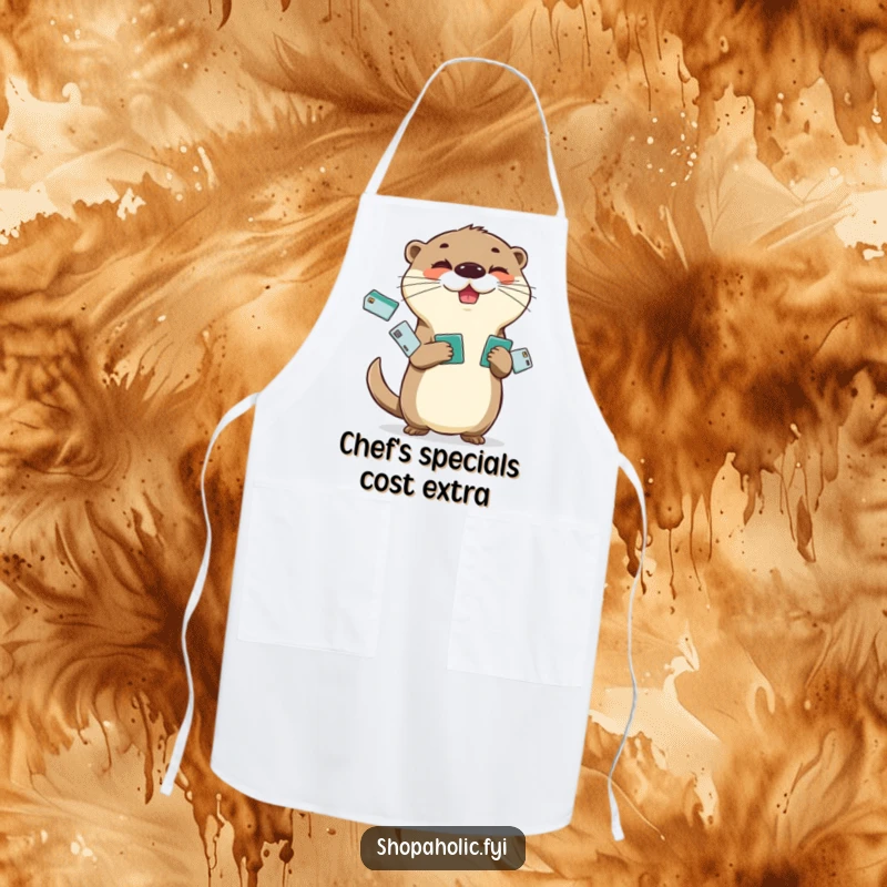 Funny Otter Apron: Cheerful otter juggling credit cards with a mischievous glint, perfect for a fun, financially witty kitchen.