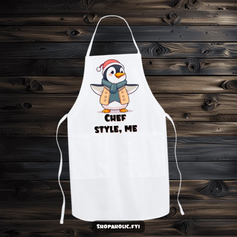 Funny penguin apron, proudly displaying a new outfit with a flourish, ideal for cooking with style, a fashion theme, a gift.