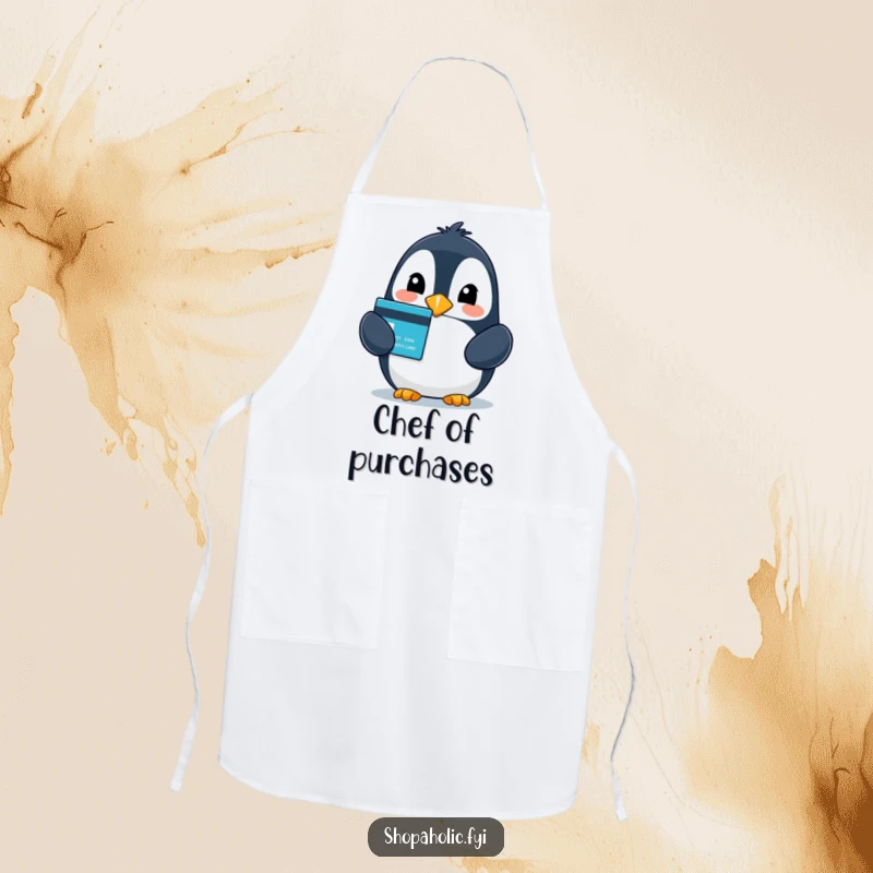 Funny apron with a beaming penguin holding a credit card, celebrating culinary creations with shopping-fueled delight.
