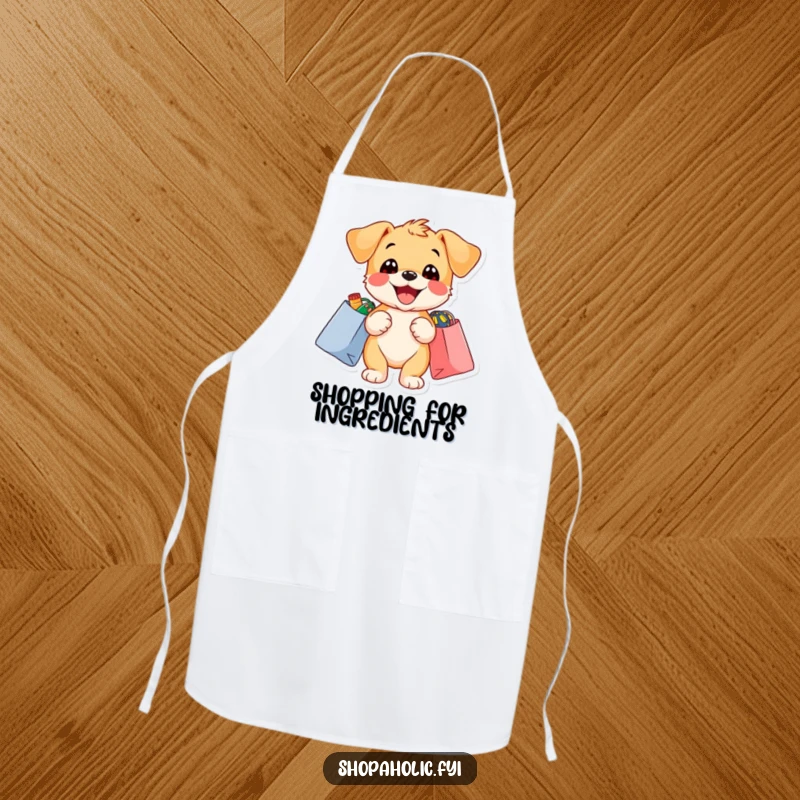 Funny puppy apron featuring a delighted puppy with shopping bags overflowing with colorful items, protecting clothes.
