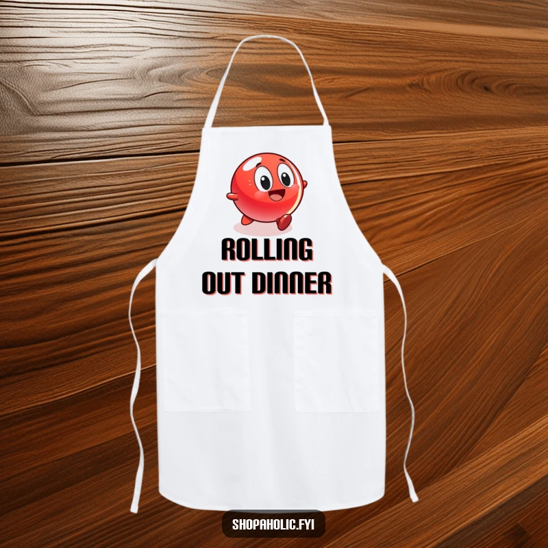 Funny kitchen apron depicting a lively red ball character rolling with great excitement towards a glittering display, perfect for cooking fun.