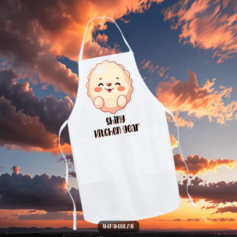 Funny seal apron, winking and smiling while presenting a shiny purchase, ideal for cooking with a humorous touch, a gift.