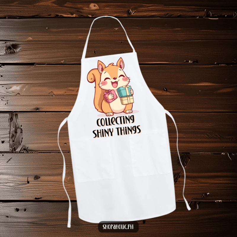 Funny Squirrel Apron: A happy squirrel joyfully clutches many tiny gift boxes, making this a fun and functional kitchen accessory.