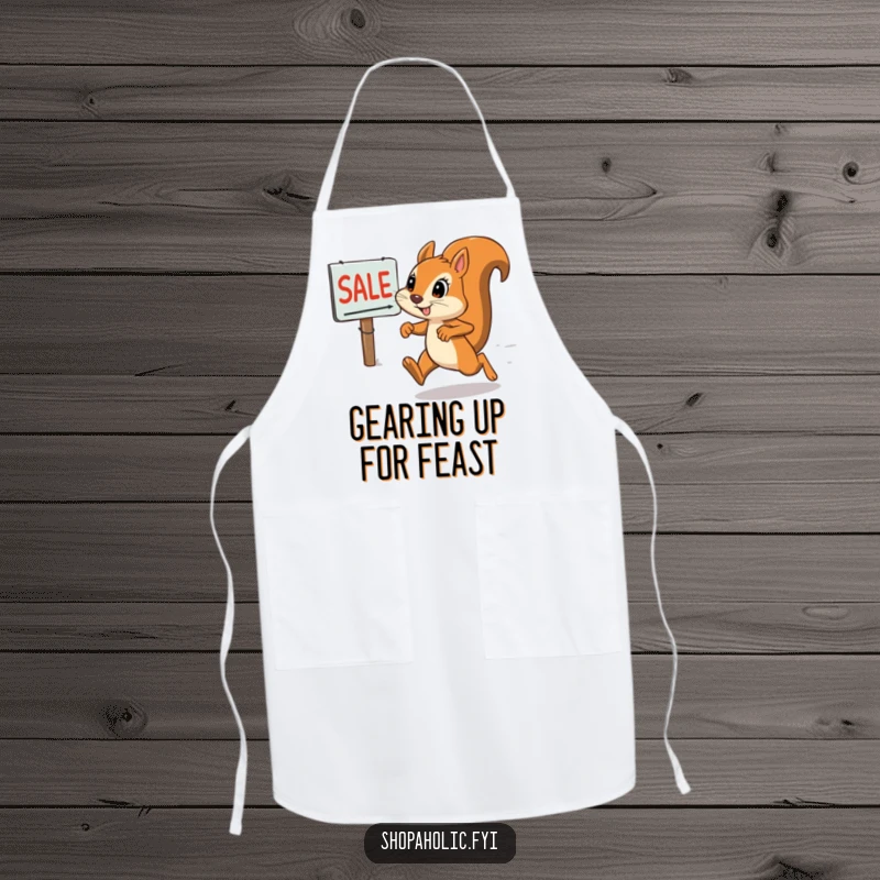 Funny squirrel apron showing a determined squirrel dashing towards a sale sign, ready to tackle any kitchen task.