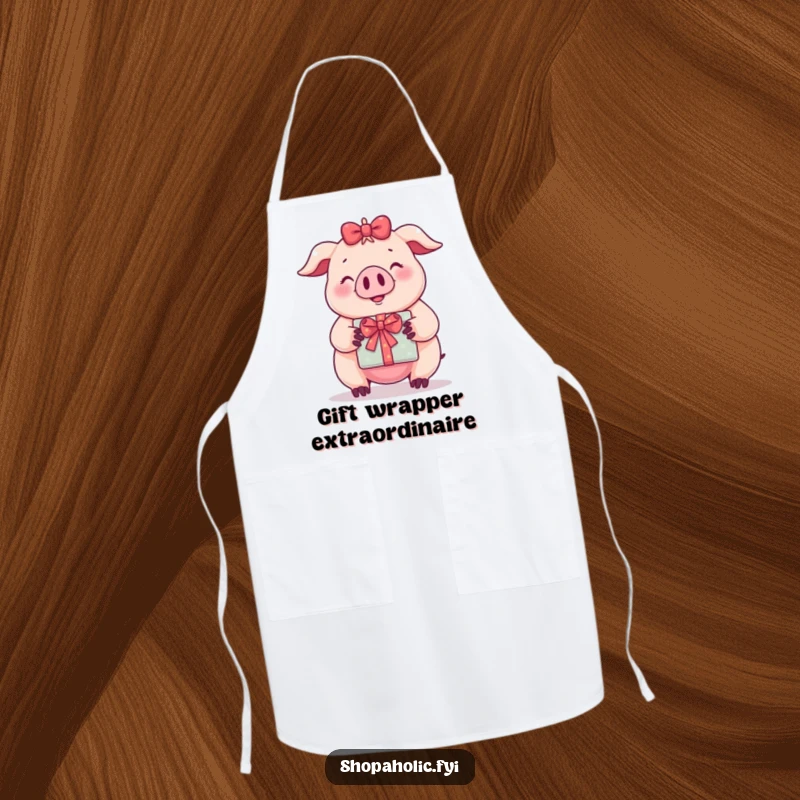 Funny apron showing a happy pig holding a gift, suitable for cooking, baking, or themed parties.