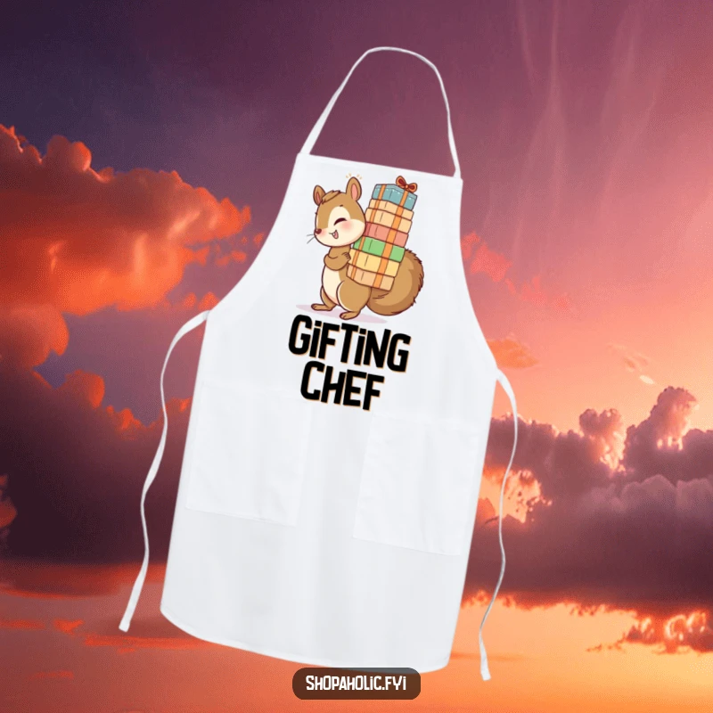Funny apron with a playful squirrel precariously balancing a tall stack of packages. Ready for kitchen adventures.