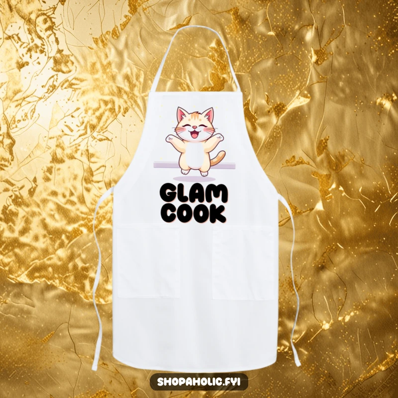 Funny apron with a cheerful cat bouncing excitedly in front of a dazzling, glittering display. Kitchen-ready humor.