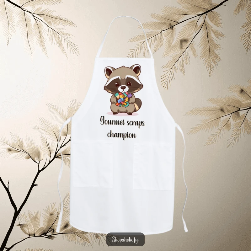 Funny apron featuring a raccoon holding a pile of small crafting items, adding humor and charm to creative activities.