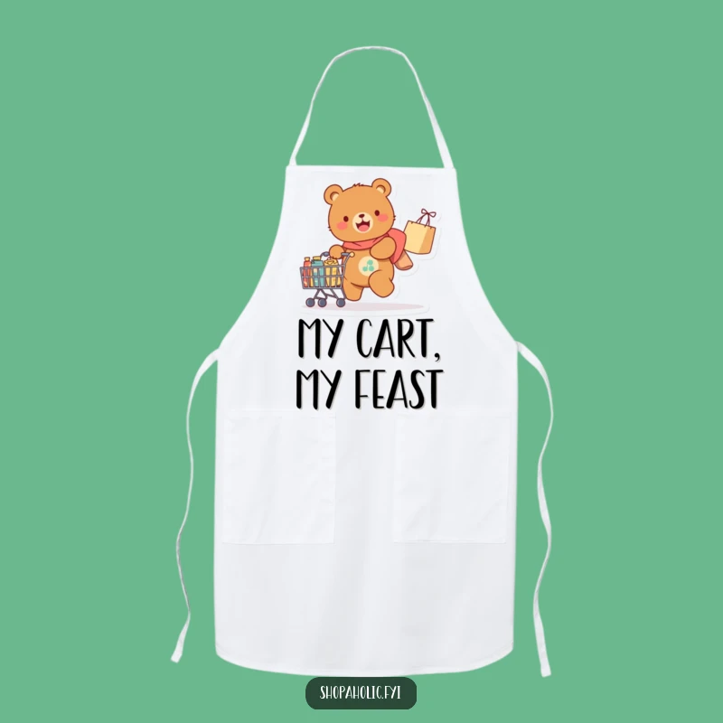 Funny Bear Cooking Apron: Whimsical bear with shopping cart, protects clothes humorously.