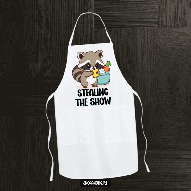 Funny raccoon apron depicting a mischievous raccoon sneaking food into an overflowing bag, ready for kitchen escapades.