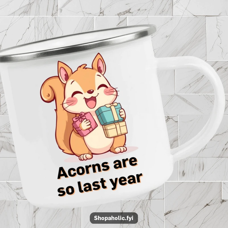Funny Squirrel Camping Mug: A happy squirrel joyfully clutches tiny gift boxes, perfect for outdoor adventures and a good laugh.