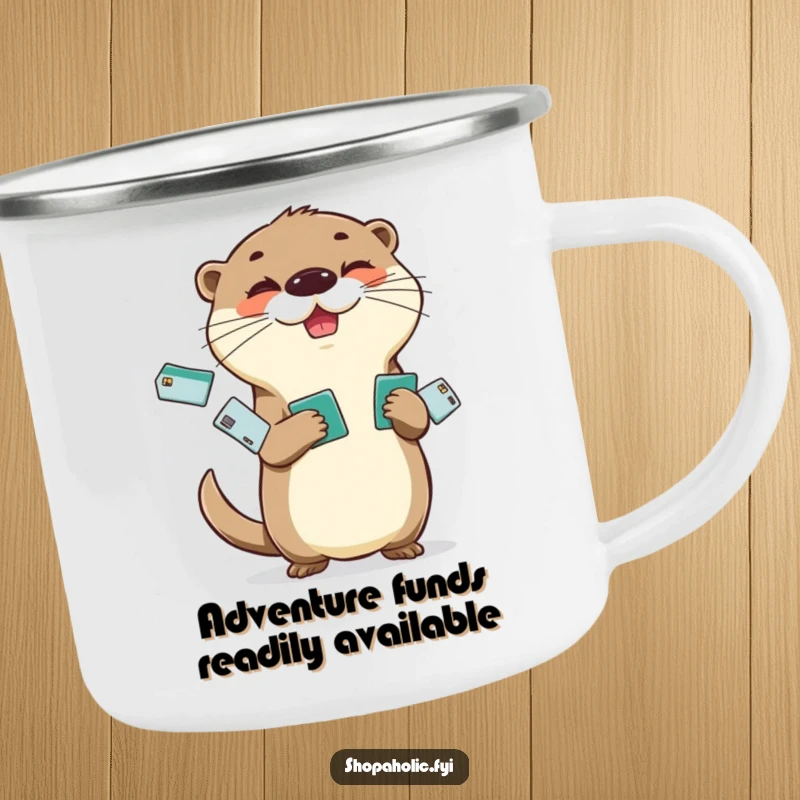 Funny Otter Camping Mug: Cheerful otter juggling credit cards with a mischievous glint, durable enamel mug.