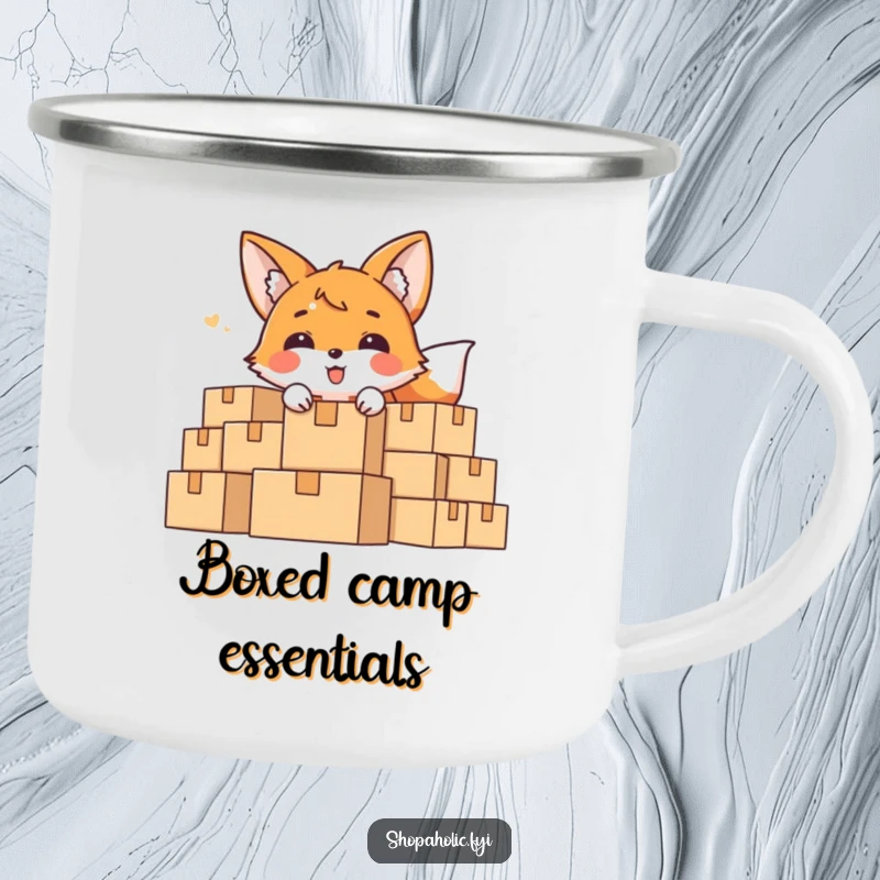 Funny Camping Mug featuring a delighted fox character peeking from behind boxes, perfect for outdoor explorers.
