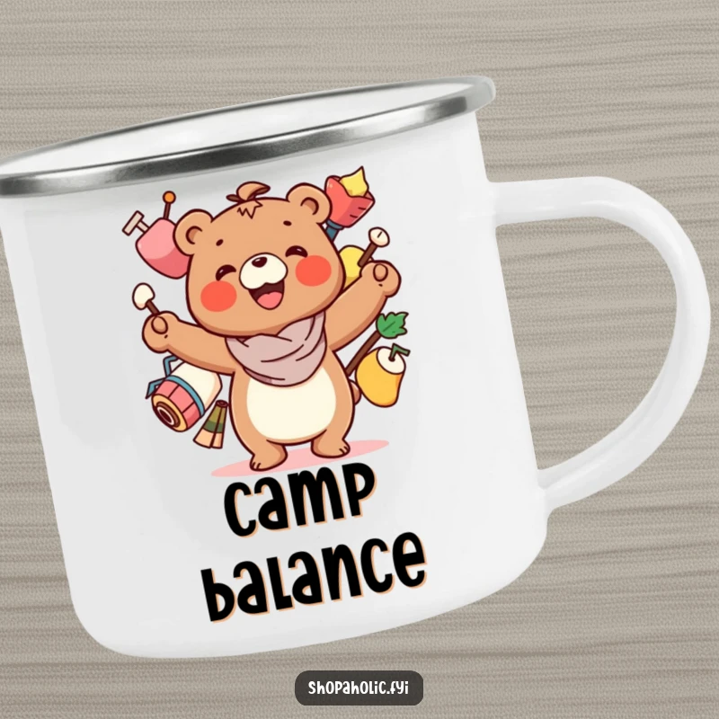 Funny Bear Camping Mug: A smiling bear character precariously balancing several items, ideal for outdoor balancing acts.