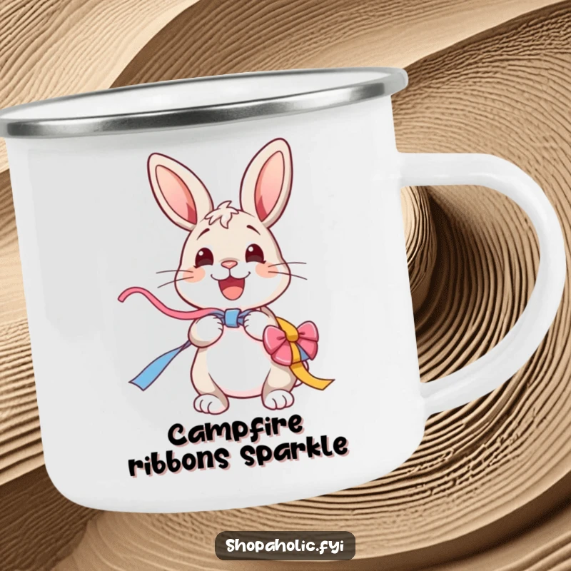 Funny Bunny Camping Mug: A cheerful bunny excitedly unwraps a colorful ribbon, perfect for outdoor trips and a dose of joy.