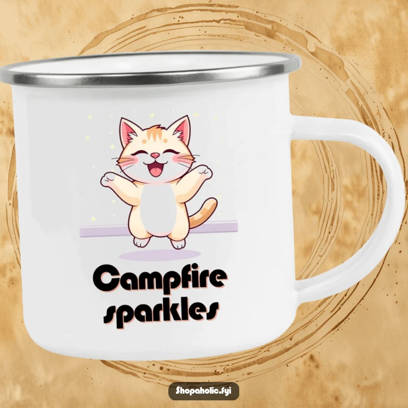 Funny camping mug with a cheerful cat bouncing before a glittering display. Durable and full of charm.