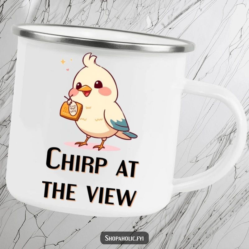 Funny camping mug with an enthusiastic bird pointing at a tempting offer, designed for outdoor bargain hunting.