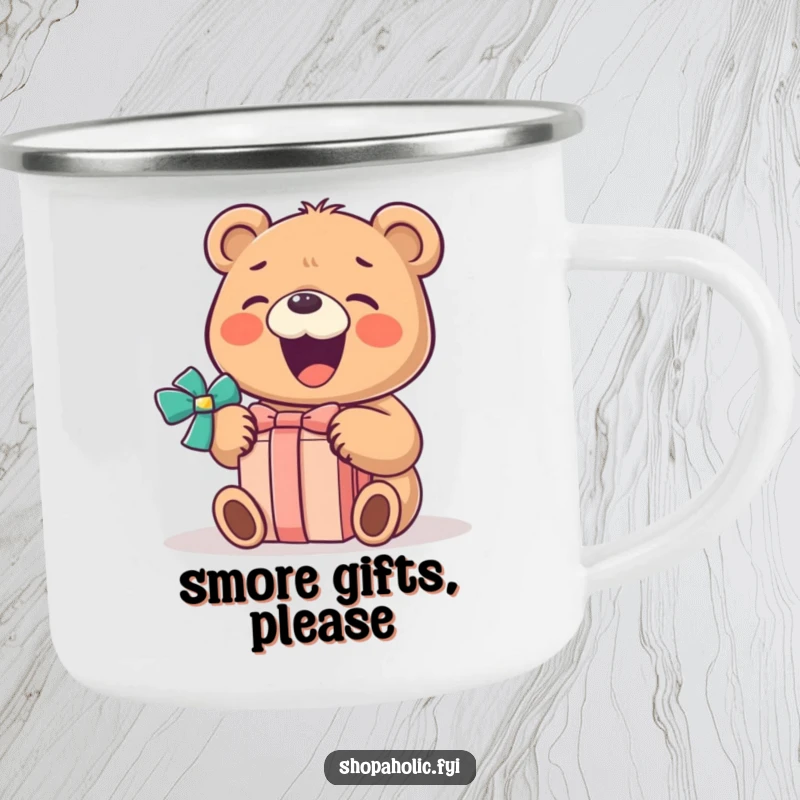 Funny Bear Camping Mug: A gleeful bear opens a gift on this funny enamel mug, bringing outdoor cheer.