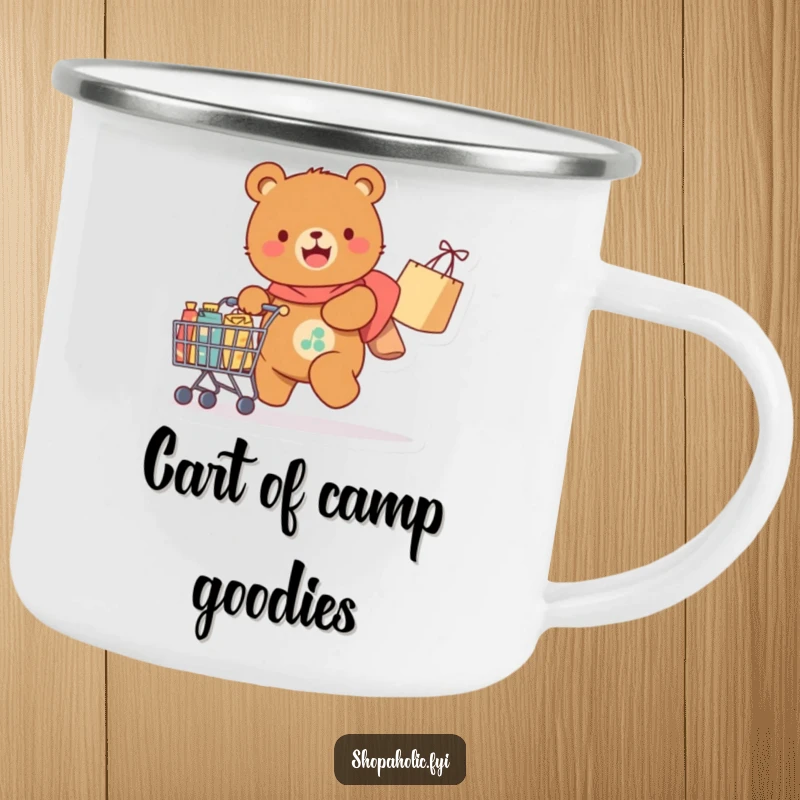 Funny Camping Mug: A joyful bear happily pulls a cart overflowing with purchases, ready for outdoor brews with a humorous shopping vibe.