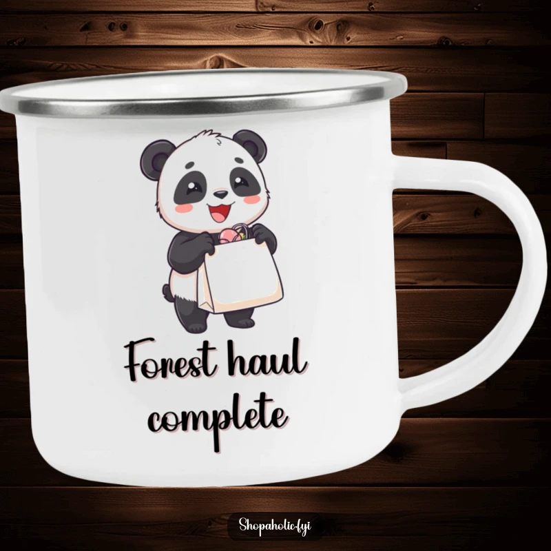 Funny camping mug featuring a delighted panda bear holding an overflowing shopping bag, great for outdoor enjoyment and humor.