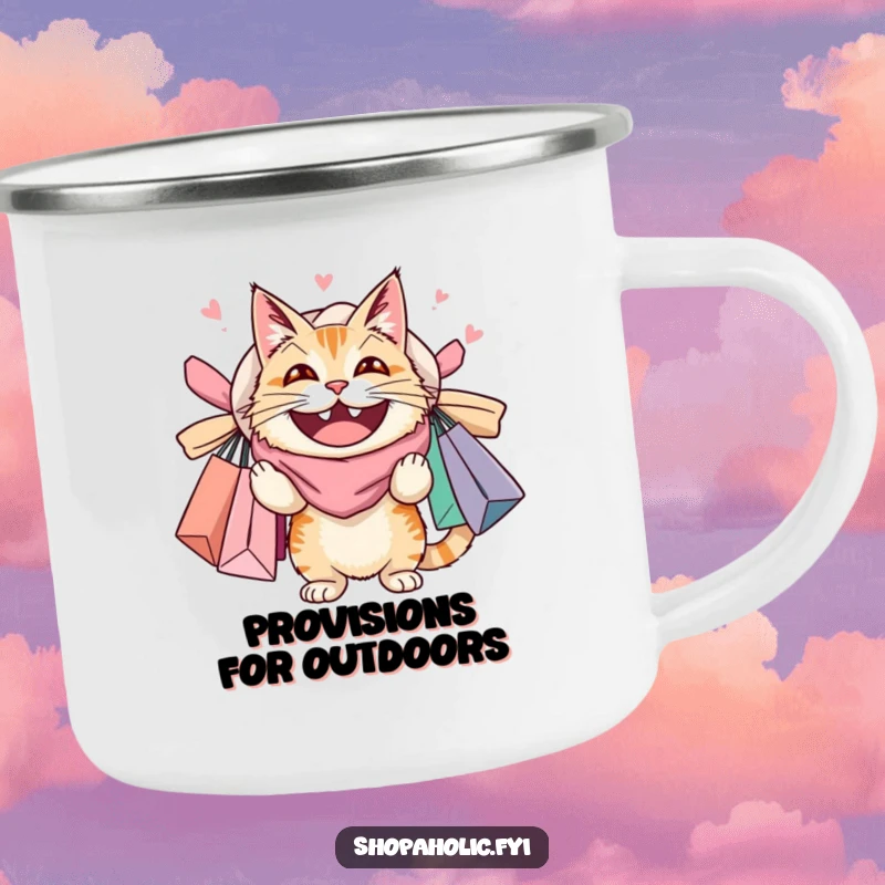 Funny camping mug featuring a cat with a huge grin, overloaded with shopping bags, perfect for cat lovers and shopping enthusiasts.
