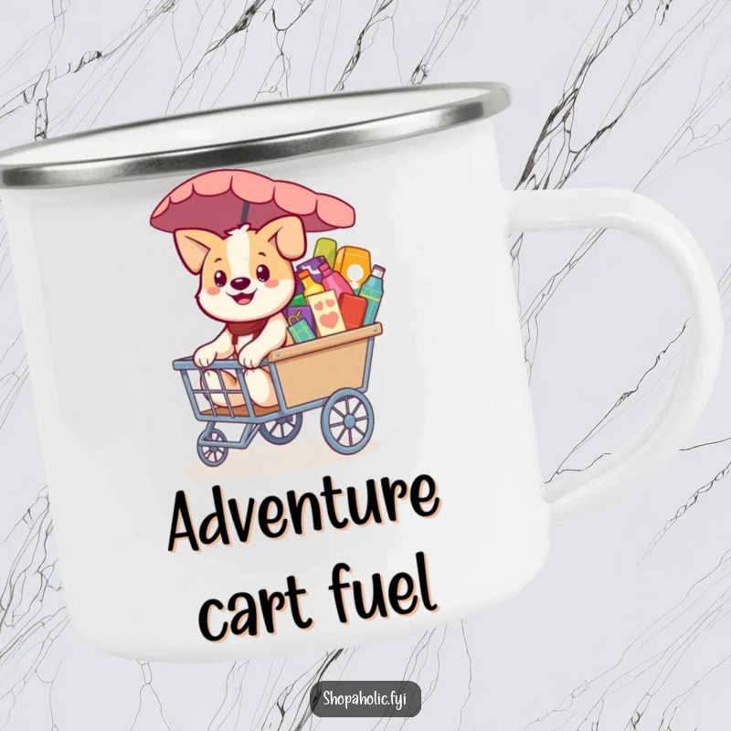 Funny Dog Camping Mug: A smiling dog pulling a merchandise cart, great for outdoor sips and humorous shopping vibes, a fun gift.