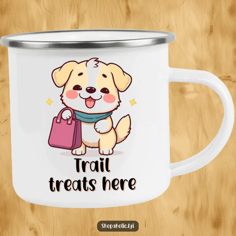 Funny Dog Camping Mug: A content dog character offering a bag with a grand gesture, ideal for sharing warmth outdoors.