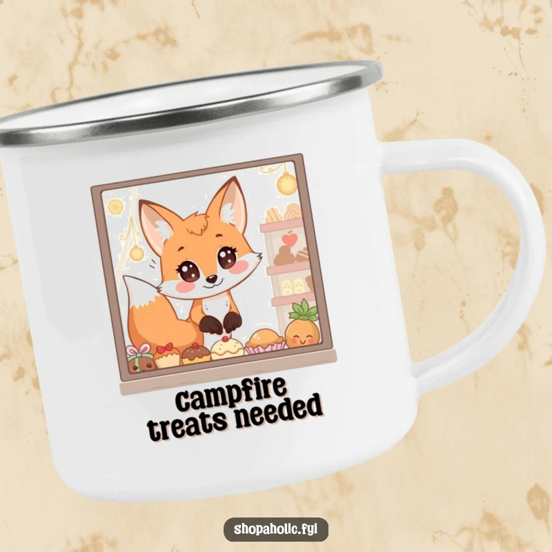 Funny Camping Mug: A fox with huge, captivated eyes looks at a window full of tasty treats, ready for outdoor brews.