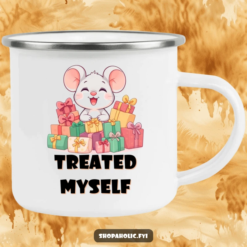 Funny camping mug design with a happy, giggling mouse character surrounded by a pile of wrapped gifts, perfect for outdoor enjoyment.