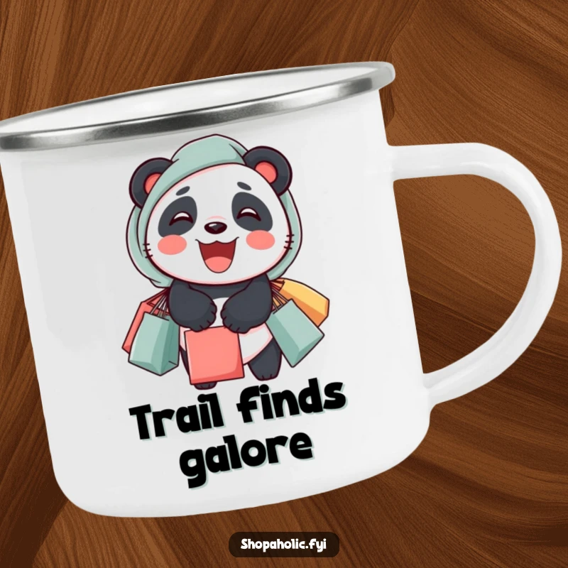 Funny panda camping mug with a delighted panda carrying overflowing shopping bags, perfect for outdoor use.
