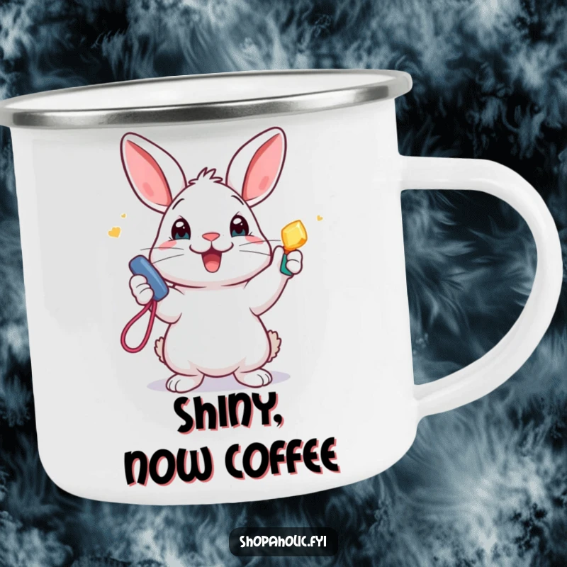 Funny Camping Mug: A happy rabbit proudly presents a shiny new accessory, ready for outdoor brews with rustic humor.