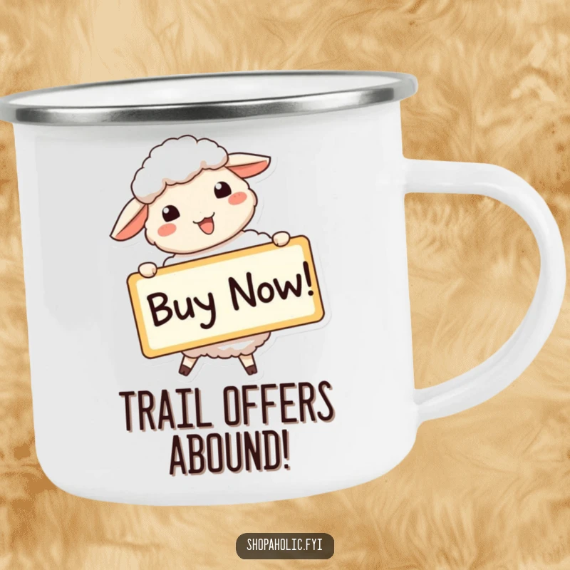 Funny sheep camping mug with a beaming sheep holding a large 'Buy Now!' sign, perfect for outdoor enthusiasts.