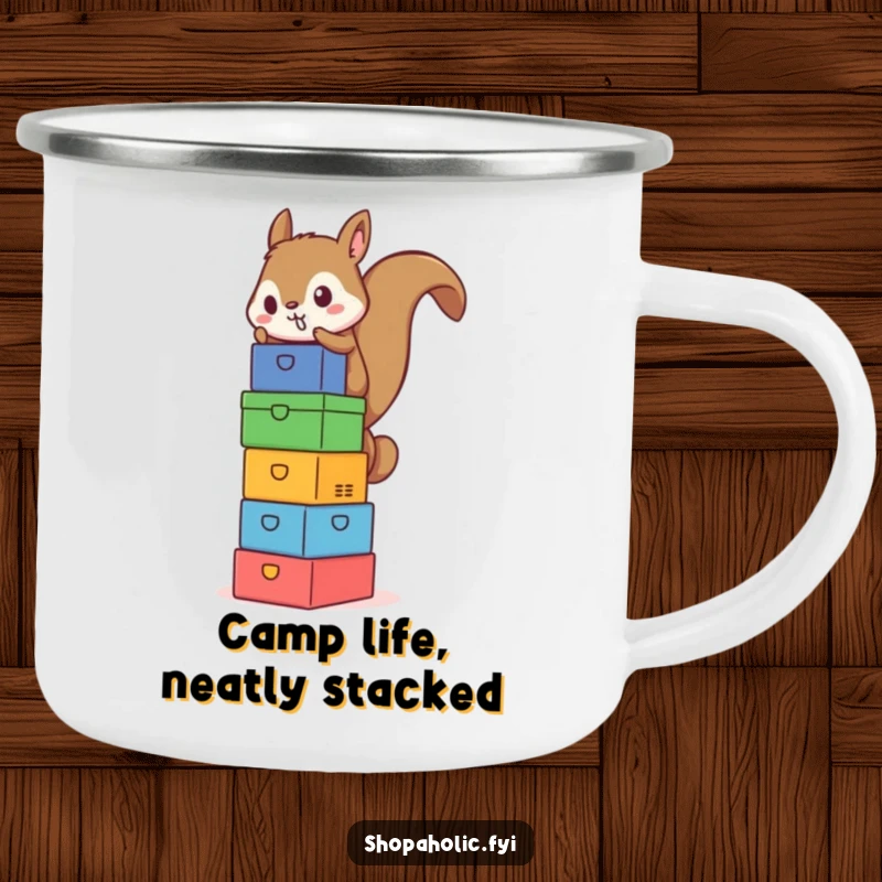 Funny Squirrel Box Tower Camping Mug - Rugged mug with a humorous squirrel balancing a stack of colorful boxes, perfect for outdoor ambition.